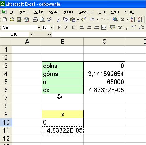 2. Zawartość komórki B11 (formułę) kopiuję do schowka Skoro pierwsza komórka kolumny x ma adres B10, to