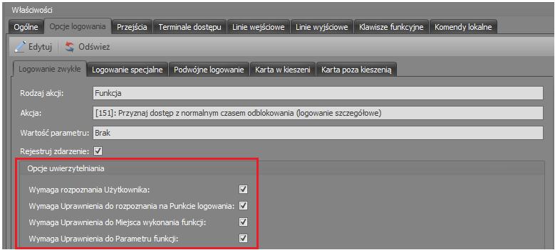 W przypadku linii wejściowych i klawiszy funkcyjnych korzystanie z Opcji uwierzytelniania wymaga wskazania Punktu uwierzytelniania, na którym następować ma weryfikowanie Uprawnień.