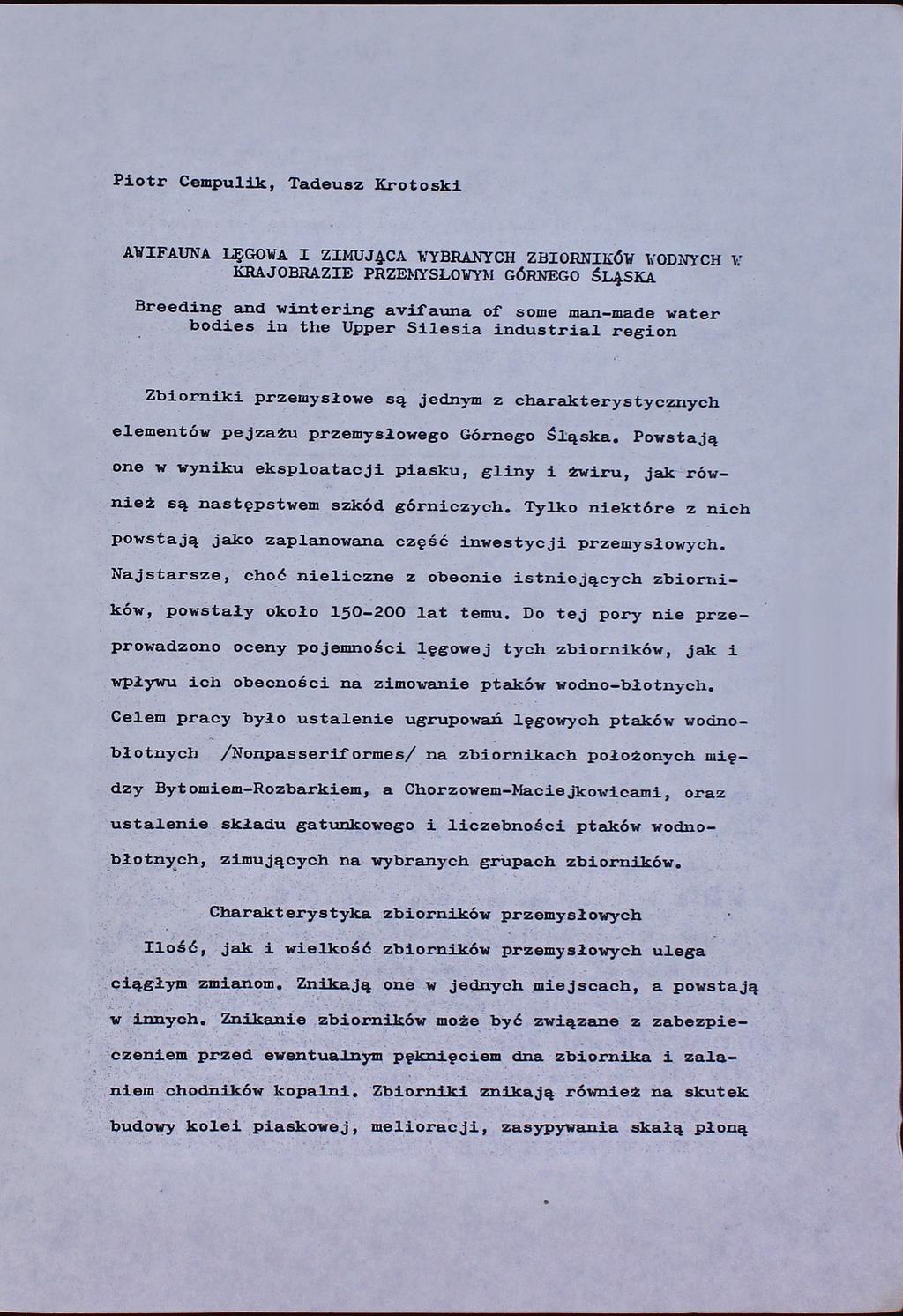 Piotr Cempulik, Tadeusz Krotoski AWIFAUNA LĘGOWA I ZIMUJĄCA WYBRANYCH ZBIORNIKÓW WODNYCH KRAJOBRAZIE PRZEMYSŁOWYM GÓRNEGO ŚLĄSKA Breeding and wintering awifauna of some man-made water bodies in the