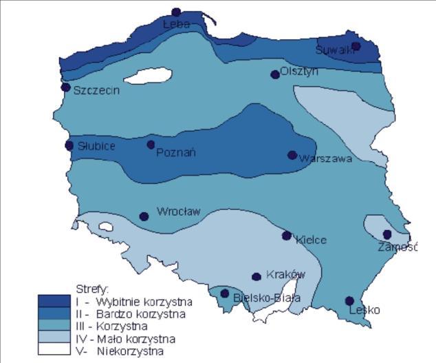 Rys. 3. Strefy energetyczne wiatru w Polsce wg IMGW (mezoskala) Dane: Plan Gospodarki Niskoemisyjnej dla Gminy Miasto Nowy Targ, 2015 r.