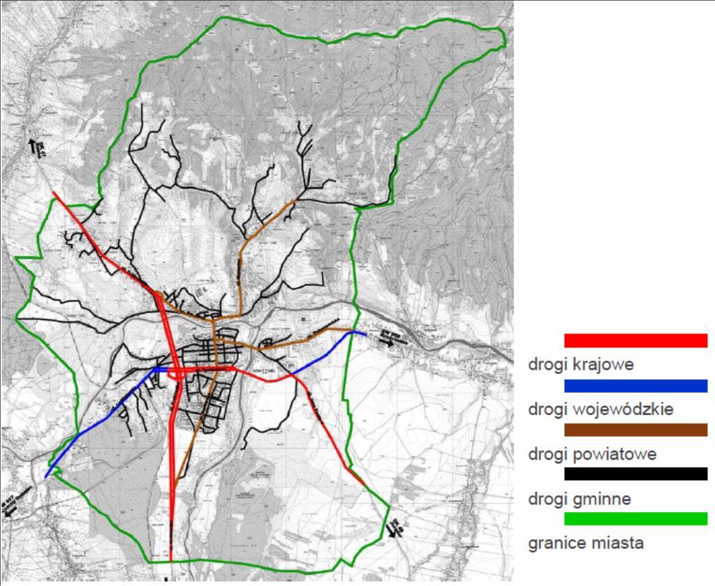 niezadowalające ze względu na przekrój jednopasowy), ul. Krakowska (DK 47), ul. Waksmundzka w dni targowe. Rys. 4. Węzły komunikacyjne w mieście Nowy Targ.