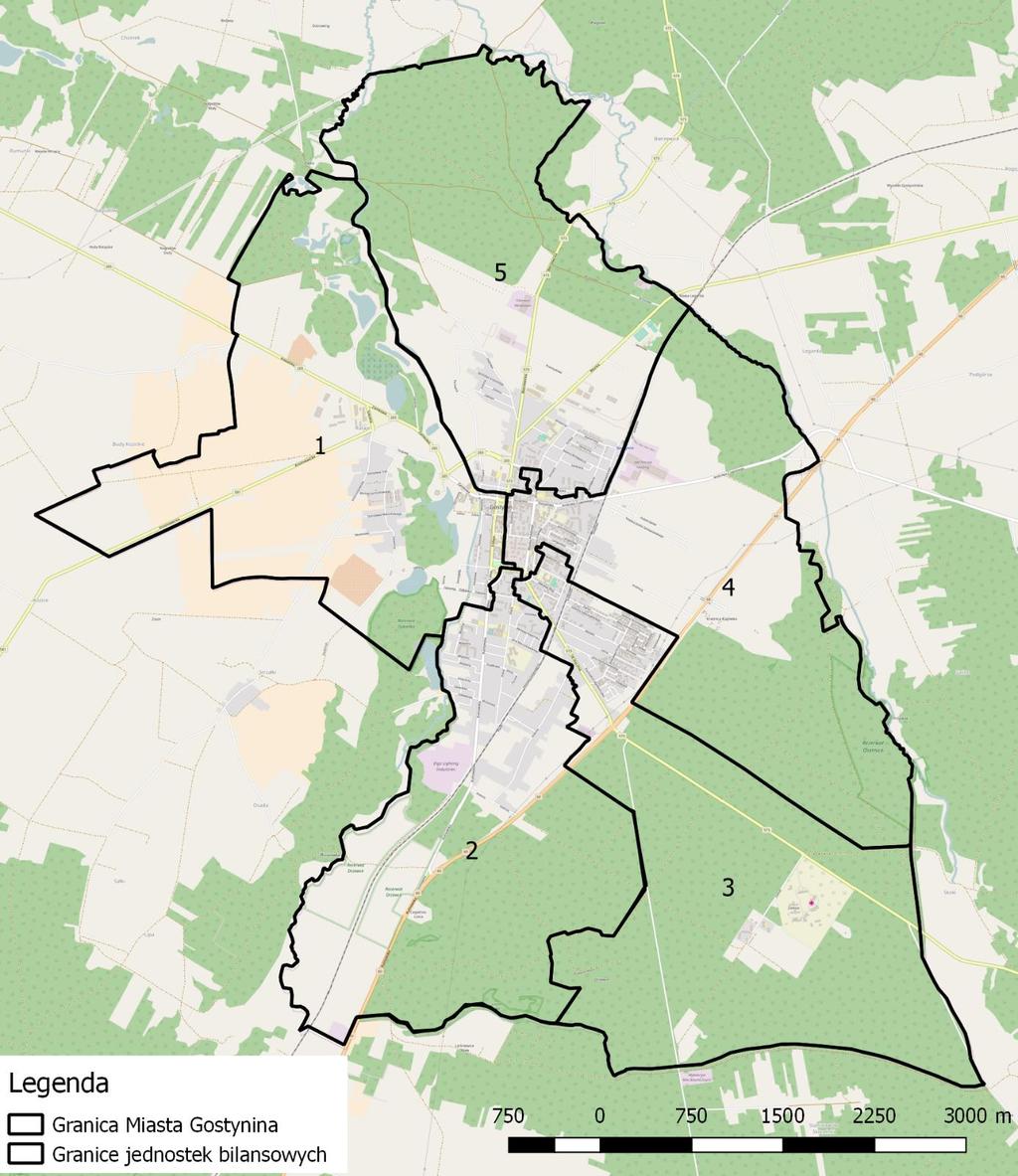 Rysunek 1. Granice jednostek bilansowych Miasta Gostynina. Źródło: Opracowanie Grupa CDE Sp. z o.o. na podstawie danych z Urzędu Miasta Gostynina.