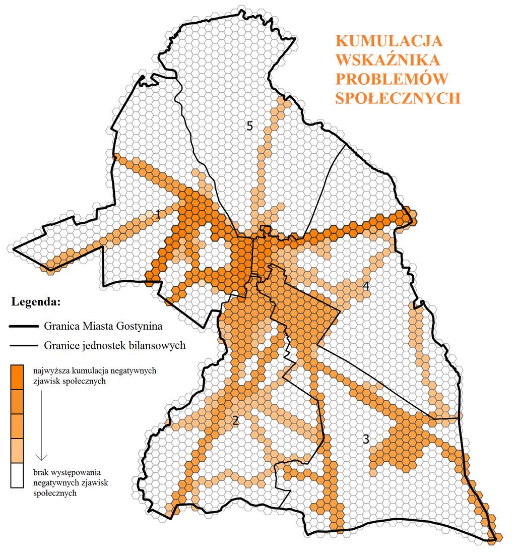 Diagnoza czynników i zjawisk kryzysowych Gminy Miasta Gostynina Na poniższym rysunku zaprezentowano rozkład przestrzenny skumulowanego wskaźnika problemów społecznych, powstałego z nałożenia na