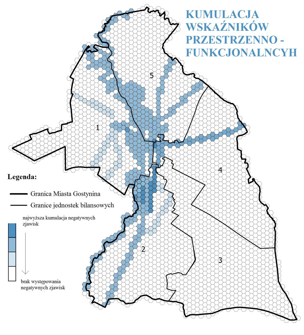 Rysunek 18. Zasięg przestrzenny skumulowanego wskaźnika problemów przestrzenno - funkcjonalnych na terenie Gminy Miasta Gostynina. Źródło: Opracowanie Grupa CDE Sp. z o.o. 2.5.