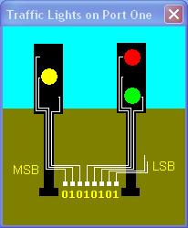 Rysunek 1. Okno symulatora reprezentujące światła drogowe. światła odpowiadające jedynkom w bajcie danych. 01010101 to 55 w systemie szesnastkowym. Listing 1 zawiera program do sterowania światłami.