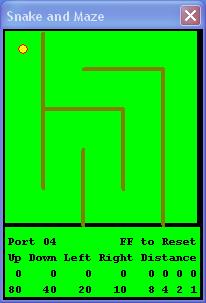 Rysunek 4. Okno symulatora reprezentujące labirynt i poruszającego się w nim węża. 1.4. Labirynt Dane przesyłane do portu 04 kontrolują ruch węża.