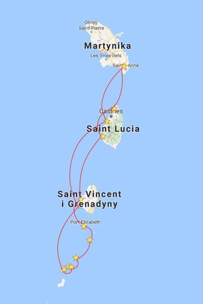 Dzień 1 - sobota Przelot Warszawa Paryż Fort de France (Martynika) przylot i transfer do mariny Le Marin, zaokrętowanie, odpoczynek kolacja w marinie Dzień 2 - niedziela rejs na trasie Le Marin