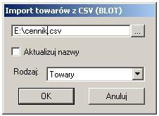 Uruchomienie dodatku Dodatek uruchamiamy z kartoteki towarów opcj 'Wydruk -> Import towarów z CSV'. Powinni my ujrze okno podobne do tego z rysunku.