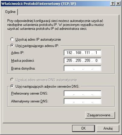 Następnie należy wybrać ustawienie Protokół internetowy (TCP/IP) i wpisać następujące ustawienia: Rysunek 8: Przykładowe nastawy protokołu TCP/IP.