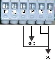 Sygnał sterujący 5(C) z odbiornika (fotokomórki) podłączamy do zacisku 17(COM) na płycie głównej, a zacisk 3(NC) w odbiorniku (fotokomórce) do zacisku 14(F.
