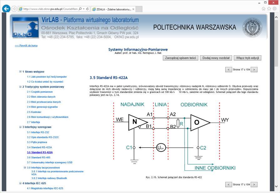 Platforma Wirtualnego Laboratorium - moduł podręcznika układ treści w formie podręcznika edytor wizualny umożliwiający wklejanie teksu jak i