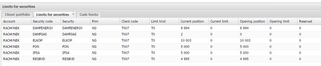 Stan konta instrumentów finansowych użytkownika Zakładka Limits for securities przedstawia stan instrumentów finansowych posiadanych w