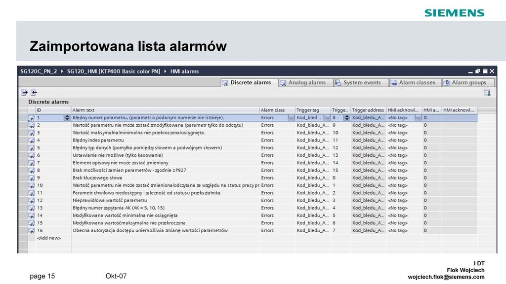 Widok listy alarmów po