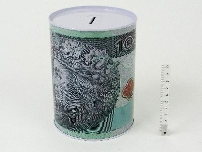 zł; wym.10x15 cm Puszka skarbonka metalowa, banknot 100 zł; wym.