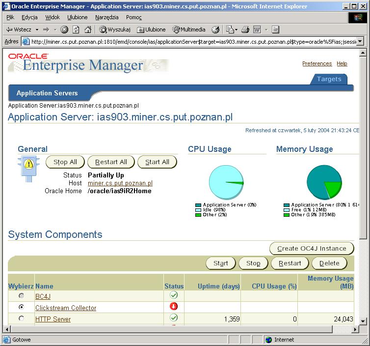 Architektura Oracle9iAS 278 użytkownicy HTTP Oracle HTTP Server (OHS) AJP Instancja Instancja Instancja OC4J