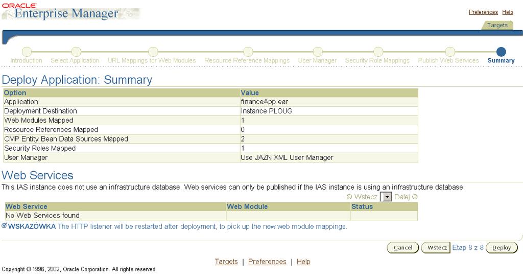 OEM Instalacja aplikacji J2EE (4/4) 314 Krok 8