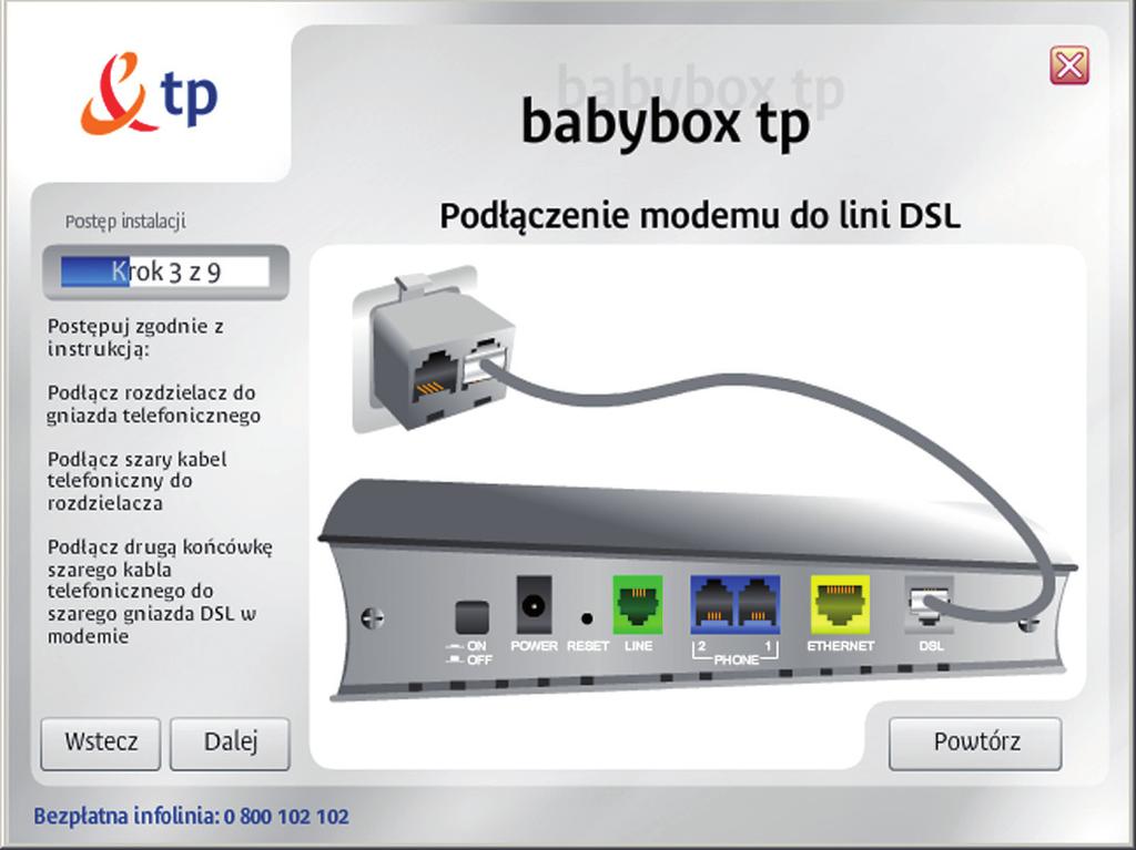 5. Po àcz modem z siecià telefonicznà za pomocà szarego kabla DSL Pod àcz wtyczk szarego kabla DSL do rozdzielacza telefonicznego w o onego do gniazdka sieci telefonicznej, post pujàc wed ug