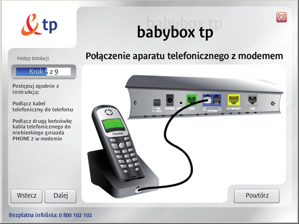 6. Pod àcz modem z siecià telefonicznà za pomocà zielonego kabla RJ11 Podłącz mikrofiltr do rozdzielacza telefonicznego.