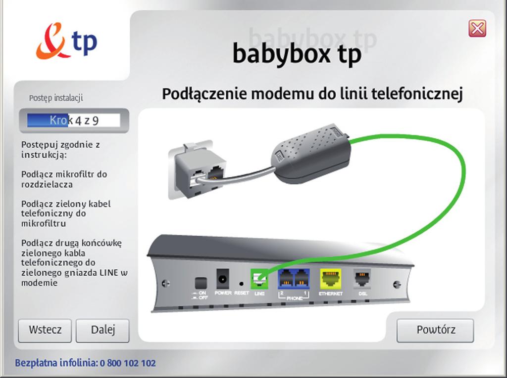 Rozdzielacz telefoniczny powinien być już podłączony do gniazdka telefonicznego. 7. Po àczenie kablem telefonicznym gniazda PHONE modemu z telefonem.