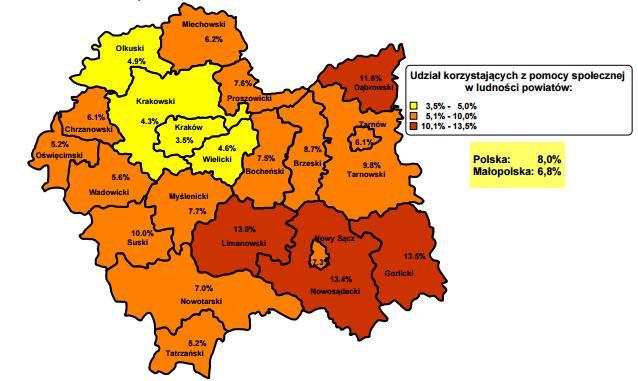 Mapa 7. Udział osób w rodzinach świadczeniobiorców w liczbie ludności w Małopolsce w 2014 r.