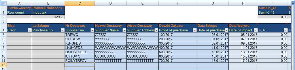 Sprzedaży zostanie automatycznie uzupełnione w momencie przetwarzania danych przez program. W taki Sam sposób wstawiamy dane do zakładki Zakup.