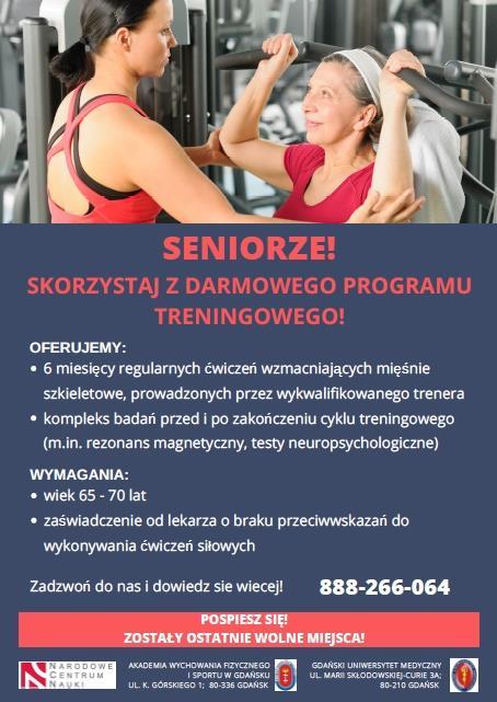 BEZPŁATNE TRENINGI DLA SENIORÓW Po raz kolejny na Akademii Wychowania Fizycznego i Sportu w Gdańsku startujemy z bezpłatnymi zajęciami siłowymi dla Seniorów.