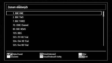Riadenie staníc: Obľúbené Môžete vytvoriť zoznam obľúbených programov. Stlačte tlačidlo MENU pre náhľad na hlavné menu. Zvoľte položku Zoznam kanálov s použitím tlačidla alebo.