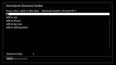 Po wyborze języka, wyświetli się ekran powitalny, proszący o ustawienie opcji kraju,języka teletekstu i skanowania kanałów zakodowanych.