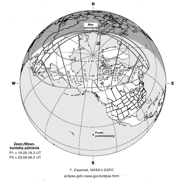 2. Częściowe zaćmienie Słońca 1 czerwca 2011. Cień Księżyca przechodzi nad północnymi obszarami biegunowymi Ziemi.