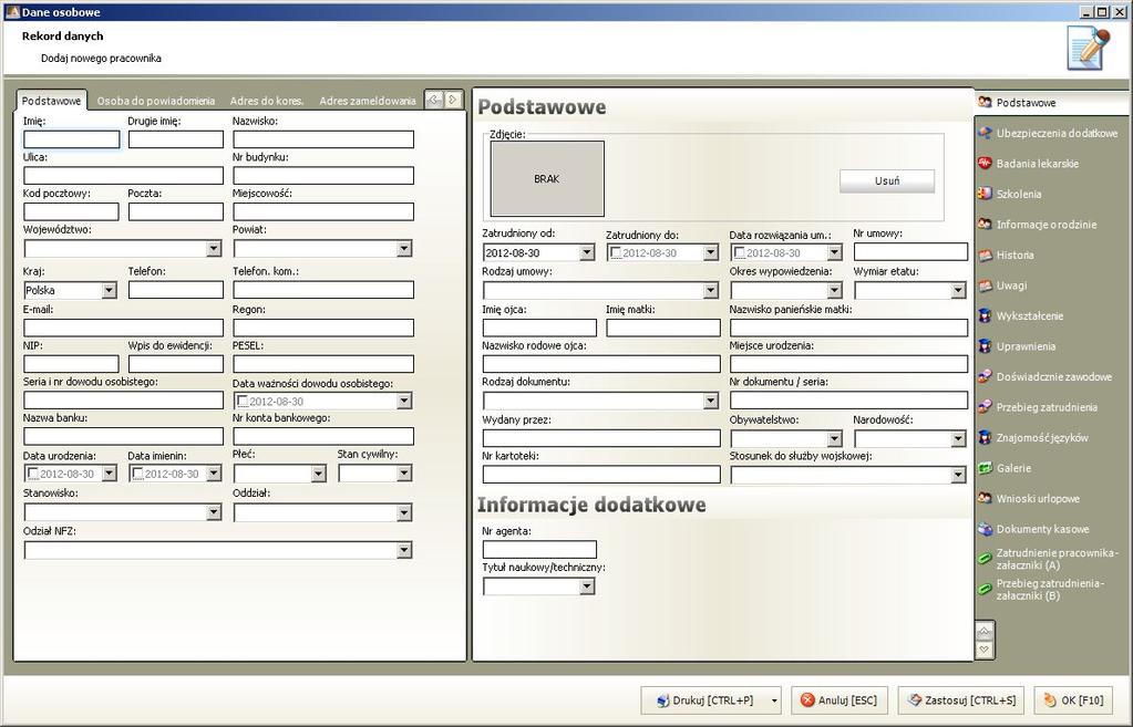 ROZDZIAŁ 6. PODSAWOWA OBSŁUGA PROGRAMU 34 Rysunek 6.3: Okno tworzenia nowej kartoteki akt osobowych.