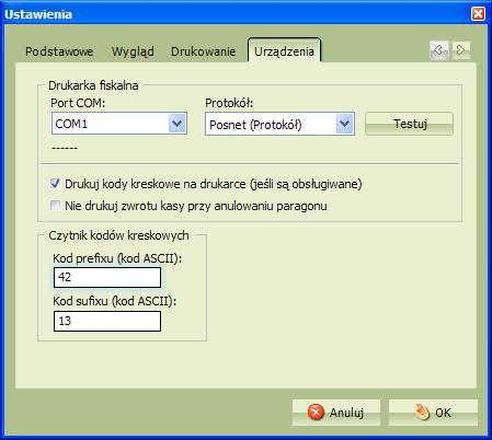 ROZDZIAŁ 9. ZAAWANSOWANE USAWIENIA 58 9.4 Urządzenia u konfigurujemy połączenie programu z drukarką fiskalną oraz czytnik kodów kreskowych.