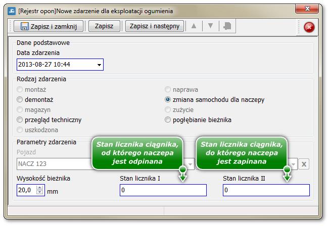 31 pogłębianie bieżnika - zdarzenie poprzedzające: montaż, przegląd techniczny; zmiana samochodu dla naczepy - zdarzenie poprzedzające: montaż naczepa, przegląd techniczny (opona zamontowana na