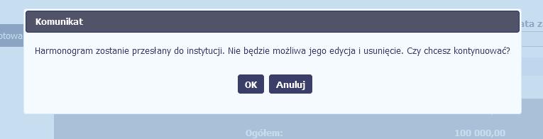 Po wyborze funkcji Prześlij, system informuje Cię o skutkach takiej czynności.