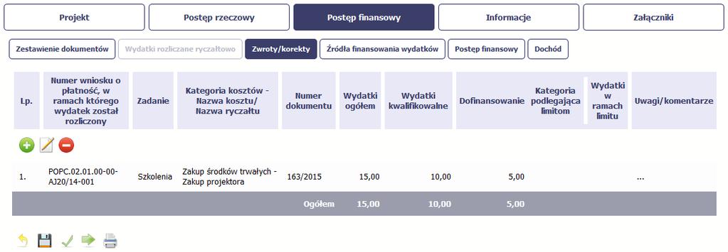 Aby rozpocząć dodawanie pozycji w tabeli, wybierz funkcję Dodaj. Kiedy wybierzesz tę funkcję, system prezentuje okno Zwroty/ korekty obejmujące informacje opisane poniżej.