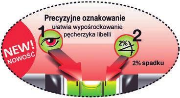 Poziomice klasyczne i specjalne EUROSTAR Profesjonalna poziomica wyposażona w okrągłe libelle odporne na zbicie, z efektem lupy i filtrem UV Bardzo mocny profil aluminiowy z kauczukowymi odbojnikami