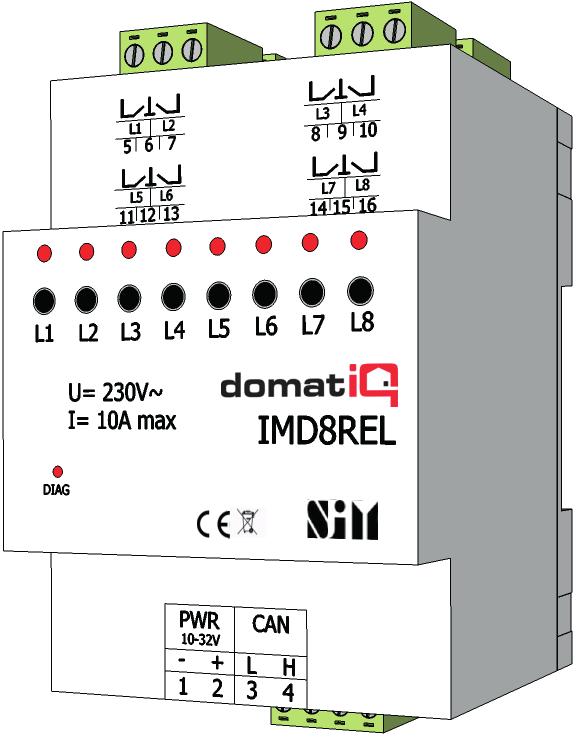 Katalog modułów AKTORY IMD8REL Moduł przekaźnikowy 8 x 10 A Moduł przekaźnikowy 8 x 10 A, ze sterowaniem czasowym, do montażu na szynie DIN, szerokość 2M Moduł umożliwia: załączanie obwodów