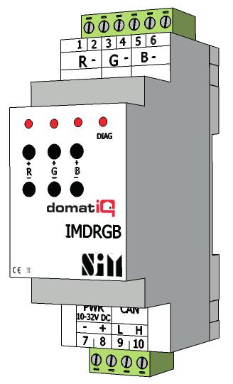 Katalog modułów AKTORY IMDRGB Sterownik RGB PWM z wyjściami 3 x 10 A Moduł typu IMDRGB posiada 3 kanały z wyjściem PWM w zakresie od 0 do 10 A Może pracować jako sterownik LED RGB lub jako 3 kanałowy