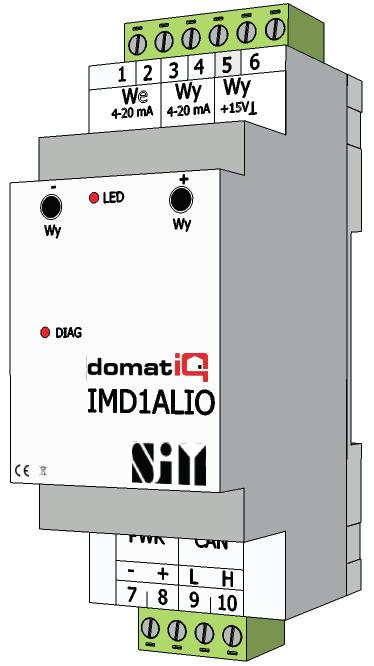 Katalog modułów AKTORY IMD1ALIO Moduł wejść / wyjść prądowych Moduł wejść / wyjść analogowych z pętlą prądową 0-20 ma, na szynie DIN, szerokość 2M Moduł przeznaczony do integracji systemu Domatiq z