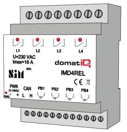 Katalog modułów AKTORY IMD4REL Moduł przekaźnikowy 4 x 16 A Moduł przekaźnikowy 4 x 16 A, ze sterowaniem czasowym, do montażu na szynie DIN, szerokość 4M Moduł umożliwia: załączanie obwodów