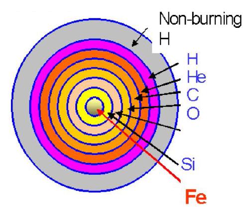 Warstwowa budowa gwiazd Po spaleniu dużej części H, He pojawiają się
