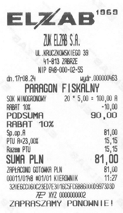 Paragon po wprowadzeniu rabatu na pozycję i cały paragon rabat na