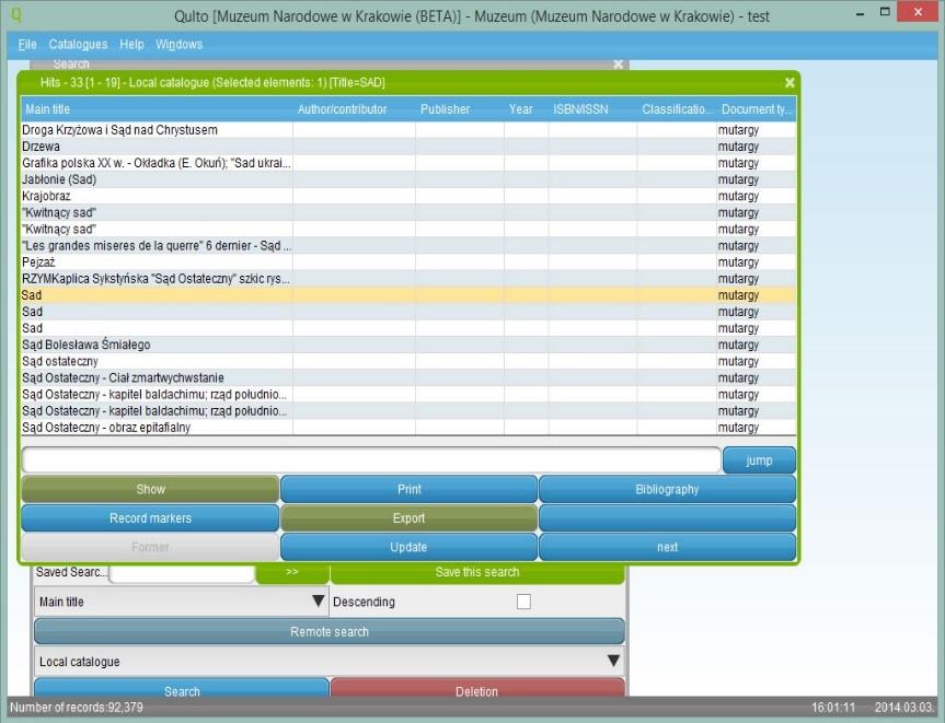 Exportowanie plików w formacie MARC21 (XIV-07-004) Klikając na zakładkę menu katalog proszę wybrać przycisk Search a następnie do tytułu wpisać aktualny, szukany rekord. Proszę kliknąć na Search.