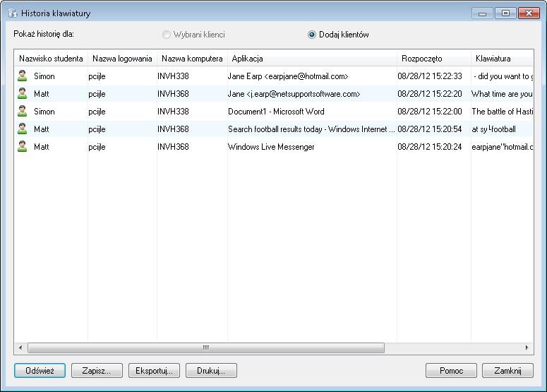 Widok Historii Pisania Ten element Monitorowania Klawiatury umożliwia monitorowanie korzystania z Klawiatury przez podłączonych Uczniów, a także przechowywać lub wydrukować trwały zapis, o ile