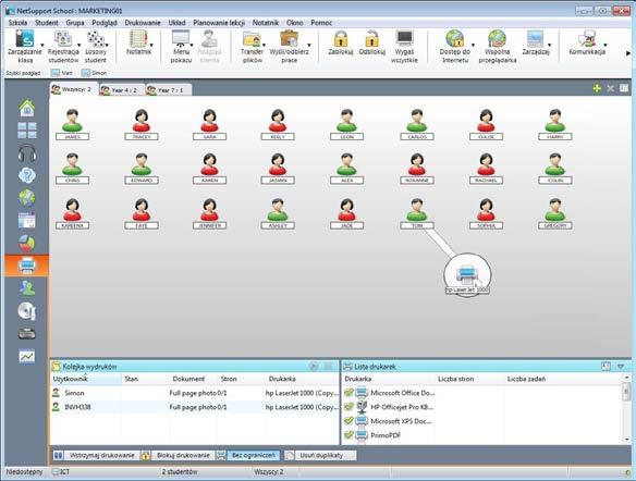 Zarządzanie drukarką Zarządzanie drukiem daje Nauczycielowi całkowitą kontrolę nad wykorzystaniem drukarki w ramach pomieszczenia klasy, Nauczyciel może monitorować i kontrolować wszystkie wydruki