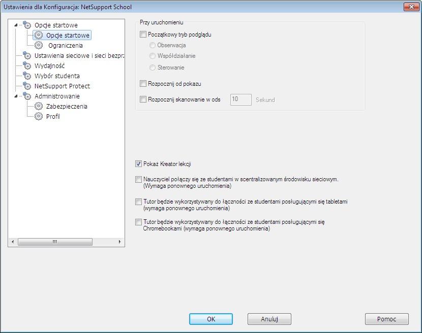 Opcje startowe Nauczyciela Użyj tych opcji do określenia opcji startowych oprogramowania Tutor. Przy uruchomieniu Pozwalają Ci na określenie trybu Zdalnej Kontroli do zastosowania.
