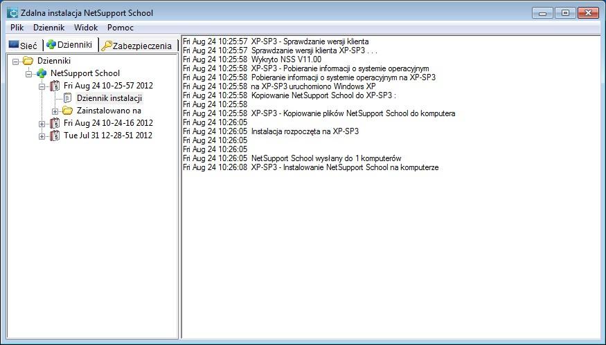 Pliki Dziennika Korzystając z NetSupport School Zdalna instalacja, informacje o każdym zastosowaniu, czy to pakiet instalacyjny, aktualizacja licencji, pobieranie konfiguracji czy odinstalowanie, są