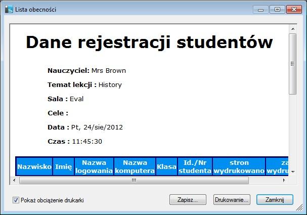 Raport Rejestracji Szczegóły rejestracji i używania drukarek przez Uczniów mogą być przeglądane w formie raportu, lecz gdy Sterowanie zostanie odłączone, dane te zostaną utracone. 1.