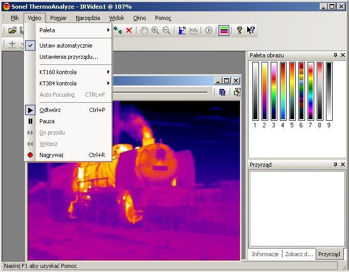 Menu Video - polecenie Ustawienia przyrządu... Załącza kontrolę odwzorowania kolorami temperatury dla każdego otwartego pliku wideo.