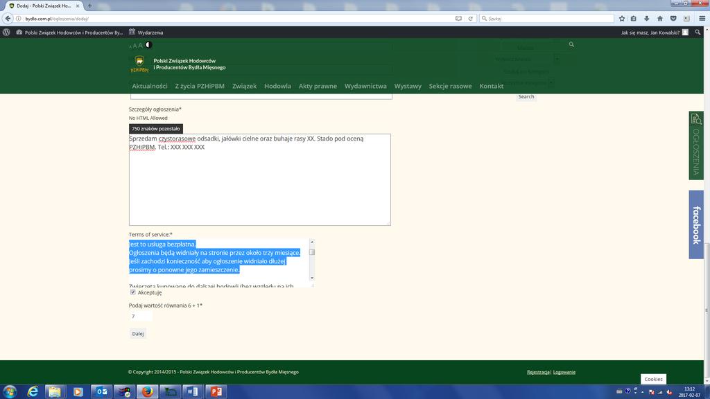 Po wpisaniu treści ogłoszenia należy zapoznać się z warunkami usługi i