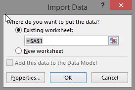 6. W kolejnym oknie dialogowym należy kliknąć OK, gdy pojawi się zapytanie, gdzie umieścić importowane dane. 7. Excel zaimportuje dane do dwóch kolumn.